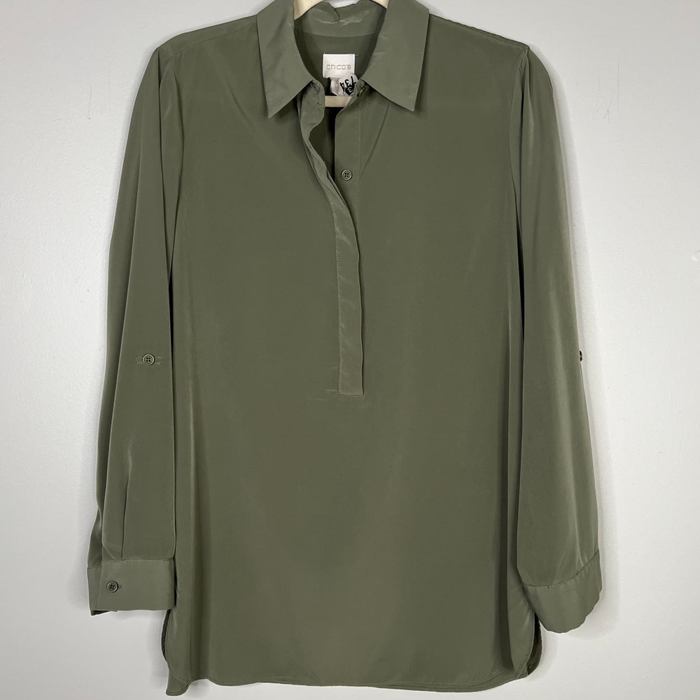 Chico's Flowy Loose Longline Popover Collared Blouse Roll Tab Sleeve Sz 0 Small‎